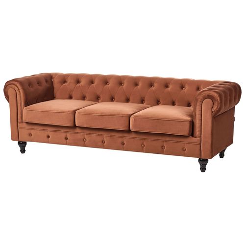 Canapé 3 Places Chesterfield Velours Marron Doré
