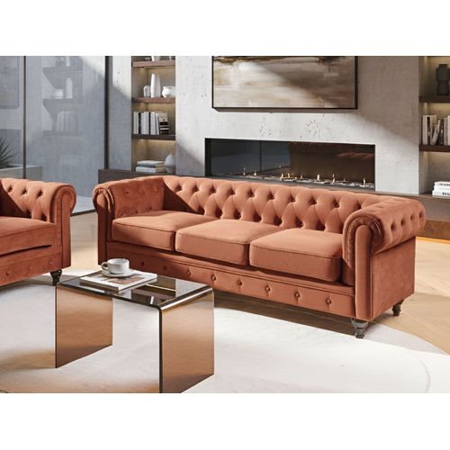 Canapé 3 Places Chesterfield Velours Marron Doré