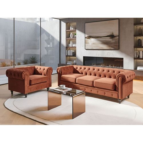 Canapé 3 Places Chesterfield Velours Marron Doré