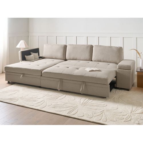 Canapé-lit D'angle 3 Places Hrisey Lin Synthétique Beige Avec Rangement Côté Droit
