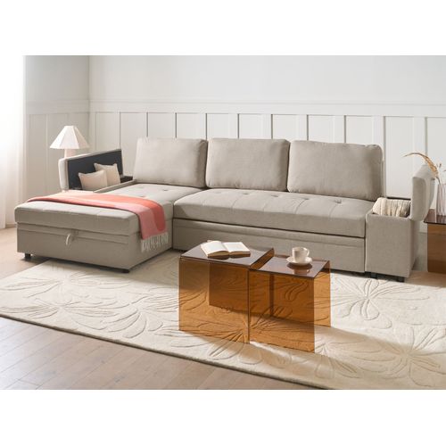 Canapé-lit D'angle 3 Places Hrisey Lin Synthétique Beige Avec Rangement Côté Droit