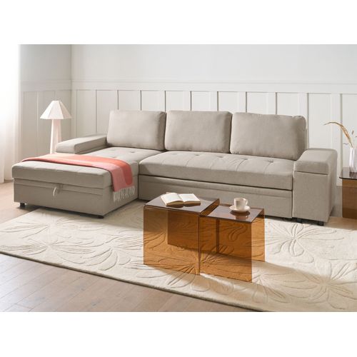 Canapé-lit D'angle 3 Places Hrisey Lin Synthétique Beige Avec Rangement Côté Droit