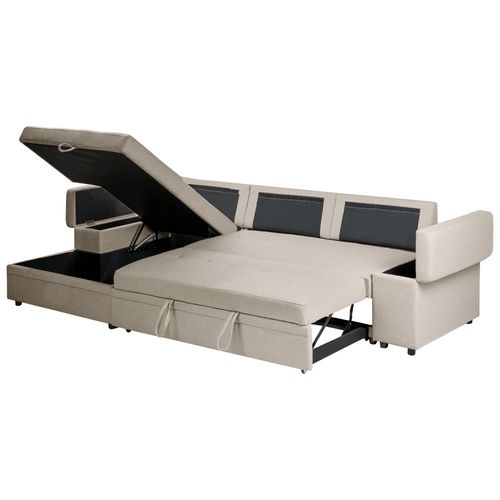 Canapé-lit D'angle 3 Places Hrisey Lin Synthétique Beige Avec Rangement Côté Droit