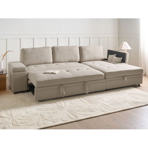 Canapé-lit D'angle 3 Places Hrisey Lin Synthétique Beige Côté Gauche