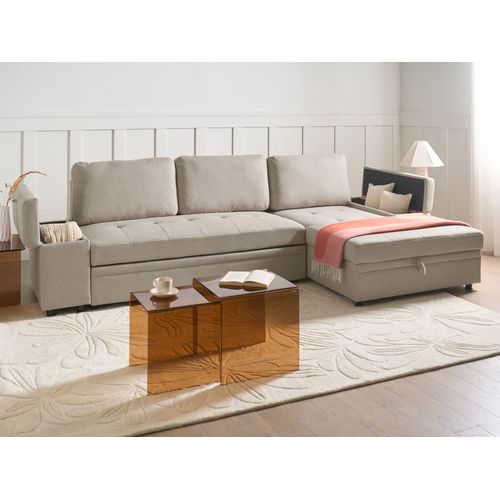 Canapé-lit D'angle 3 Places Hrisey Lin Synthétique Beige Côté Gauche