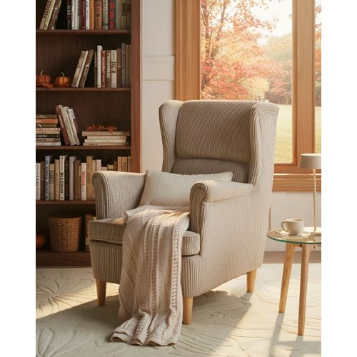 Fauteuil à Oreilles Abson Velours Côtelé Beige