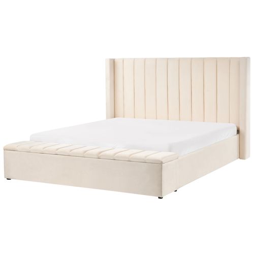 Lit Avec Banc De Rangement Velours Noyers 180 X 200 Cm Blanc Cassé