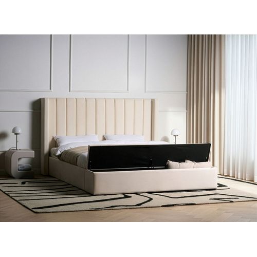 Lit Avec Banc De Rangement Velours Noyers 180 X 200 Cm Blanc Cassé