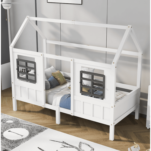 Lit Cabane 90x200 Cm Lit Enfant Avec 2 Tiroirs à Roulettes, 2 Fenêtres, En Bois Et Mdf, Blanc