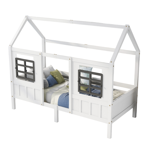 Lit Cabane 90x200 Cm Lit Enfant Avec 2 Tiroirs à Roulettes, 2 Fenêtres, En Bois Et Mdf, Blanc