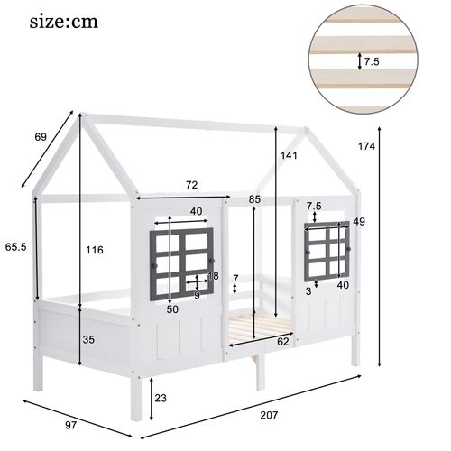 Lit cabane enfant 90x200cm Avec Deux Fenêtres, Cadre En Pin, Blanc