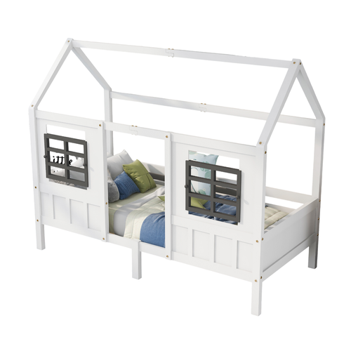 Lit cabane enfant 90x200cm Avec Deux Fenêtres, Cadre En Pin, Blanc
