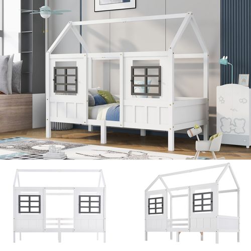 Lit cabane enfant 90x200cm Avec Deux Fenêtres, Cadre En Pin, Blanc