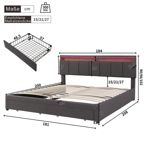 Lit Coffre Adulte 180x200 Cm,  Lit 2 Places Avec 2 Tiroirs De Rangement Et LED, Lin, Gris Foncé