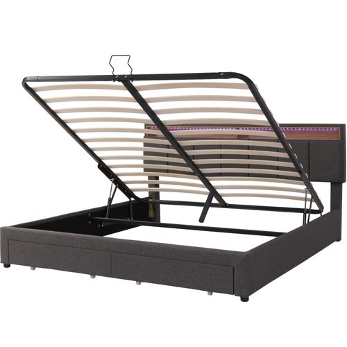 Lit Coffre Adulte 180x200 Cm,  Lit 2 Places Avec 2 Tiroirs De Rangement Et LED, Lin, Gris Foncé