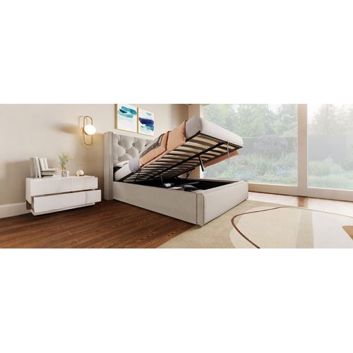 Lit Coffre Adulte 140x200 Cm, Lit 2 Places Avec Rangement, Coton, Gris Clair