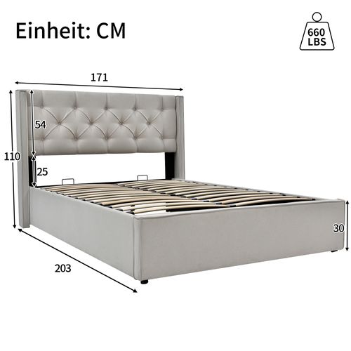 Lit Coffre Adulte 160x200 Cm, Lit 2 Places Avec Rangement, Coton, Gris Clair