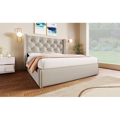 Lit Coffre Adulte 160x200 Cm, Lit 2 Places Avec Rangement, Coton, Gris Clair