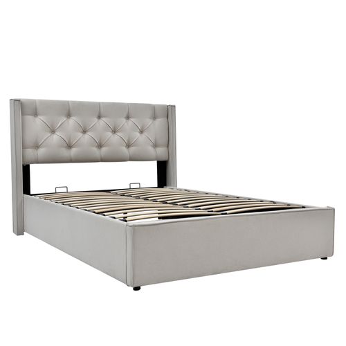 Lit Coffre Adulte 160x200 Cm, Lit 2 Places Avec Rangement, Coton, Gris Clair