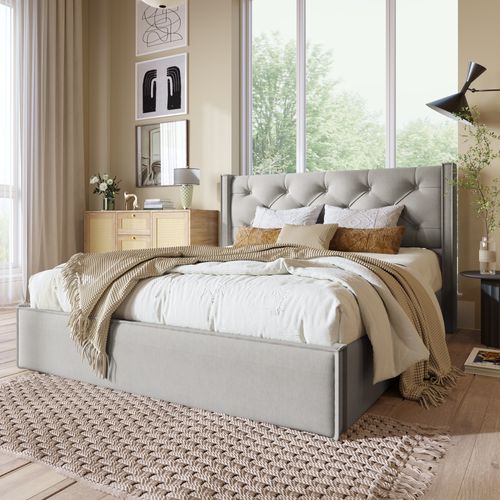 Lit Coffre Adulte 160x200 Cm, Lit 2 Places Avec Rangement, Coton, Gris Clair