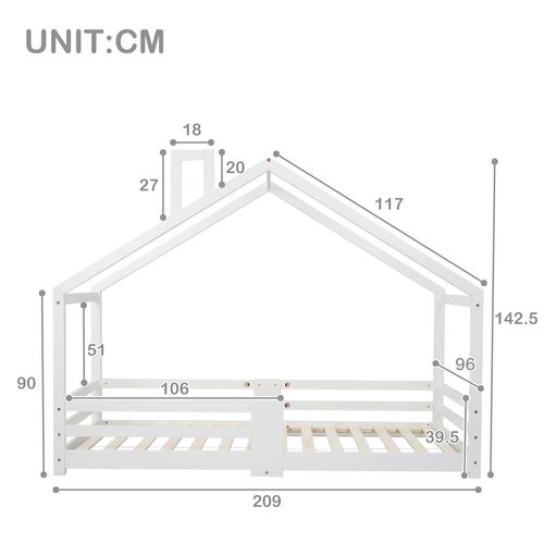 Lit Cabane Enfant 90x200 Cm Avec Sommier à Lattes En Pin, Blanc