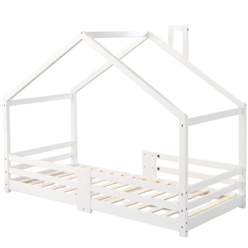 Lit Cabane Enfant 90x200 Cm Avec Sommier à Lattes En Pin, Blanc