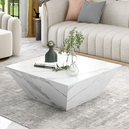 Table Basse 70×70×37 cm Trapezoïdale Moderne Effet Marbre avec 2 tiroirs, MDF, blanc