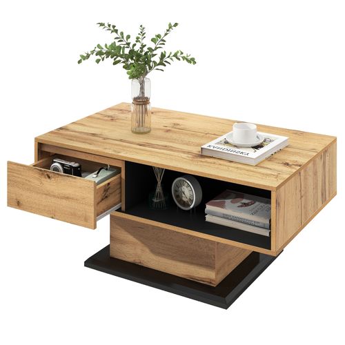 Table Basse 100x60x47 Cm, 1 Tiroir Sans Poignée, 2 Niches, Couleur Bois + Noir