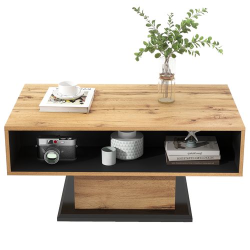 Table Basse 100x60x47 Cm, 1 Tiroir Sans Poignée, 2 Niches, Couleur Bois + Noir