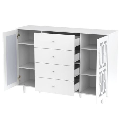 Buffet 147,5 X 40 X 102 Cm, 2 Portes, 4 Tiroirs, Poignées En Cristal, Finition Miroir Blanc