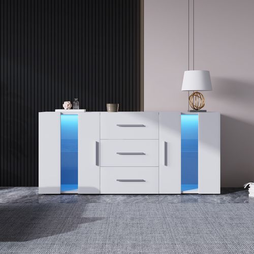 Buffet 140x35x72 Cm Avec 3 Tiroirs, 2 Portes, LED, Rangement, En Mdf, Blanc