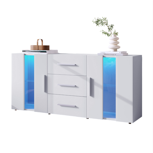 Buffet 140x35x72 Cm Avec 3 Tiroirs, 2 Portes, LED, Rangement, En Mdf, Blanc