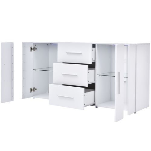 Buffet 140x35x72 Cm Avec 3 Tiroirs, 2 Portes, LED, Rangement, En Mdf, Blanc