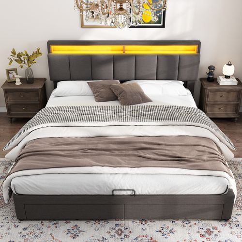 Lit Coffre Adulte 160x200 Cm,  Lit 2 Places Avec 2 Tiroirs De Rangement Et LED, Lin, Gris Foncé