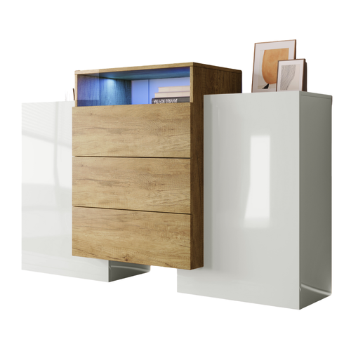 Buffet 140x37,5x77,5 Cm Avec 3 Tiroirs, 2 Portes, Éclairage LED, Compartiment Ouvert, Blanc + Chêne