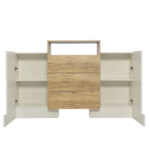 Buffet 140x37,5x77,5 Cm Avec 3 Tiroirs, 2 Portes, Éclairage LED, Compartiment Ouvert, Blanc + Chêne
