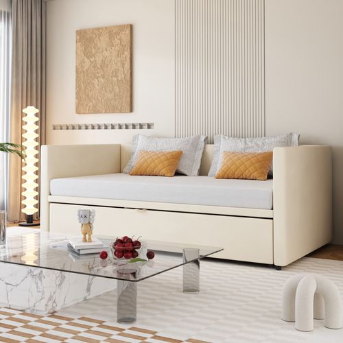 Lit Gigogne 90x200cm Avec LED, Lit Enfant Extensible 90x190 Cm, Sommier, En Velours, Beige