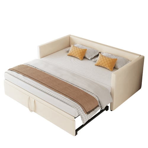 Lit Gigogne 90x200cm Avec LED, Lit Enfant Extensible 90x190 Cm, Sommier, En Velours, Beige