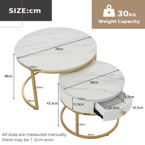 Lot De 2 Table Basse Gigogne Rond 70x70x48 / 50x50x43,5 Cm, 1 Tiroir, Placage Marbre, MDF, Blanc