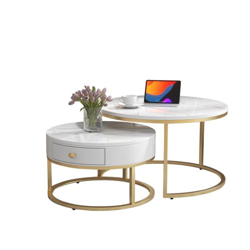 Lot De 2 Table Basse Gigogne Rond 70x70x48 / 50x50x43,5 Cm, 1 Tiroir, Placage Marbre, MDF, Blanc