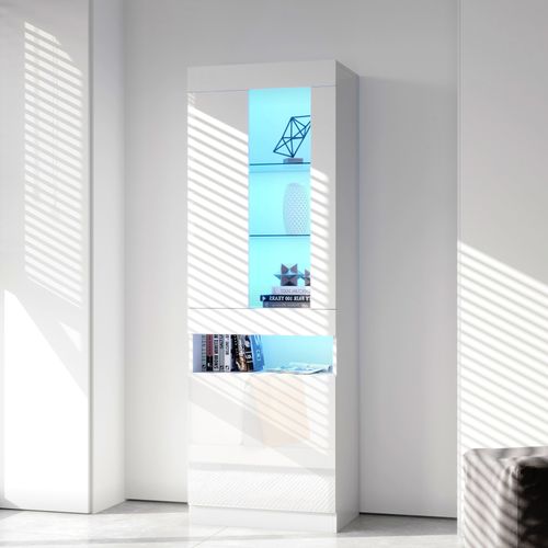 Vitrine 50x40x180 Cm Avec Étagères En Verre, LED, Compartiment Ouvert, En Panneaux Particules, Blanc