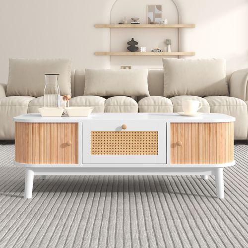 Table Basse 110x55x38,5cm, 1 Tiroir En Rotin, 2 Portes Coulissantes En Bois Massif, Blanc