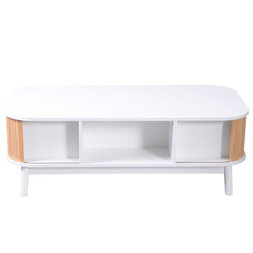 Table Basse 110x55x38,5cm, 1 Tiroir En Rotin, 2 Portes Coulissantes En Bois Massif, Blanc