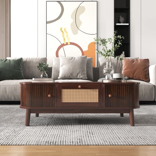 Table basse MDF effet bois 110 cm avec tiroir rotin et portes coulissantes à lattes en bois, marron