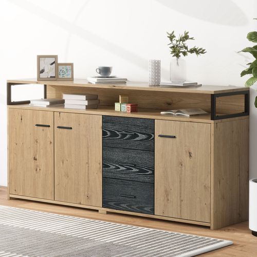 Buffet 150x35x75.9 Cm Avec 3 Tiroirs, 3 Portes, Rangement Ouvert, Couleur Bois Et Noir