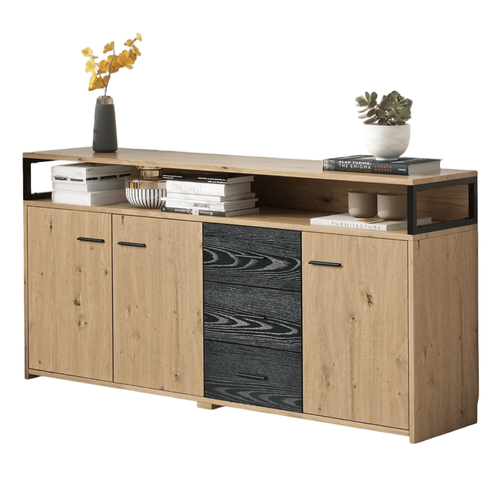 Buffet 150x35x75.9 Cm Avec 3 Tiroirs, 3 Portes, Rangement Ouvert, Couleur Bois Et Noir