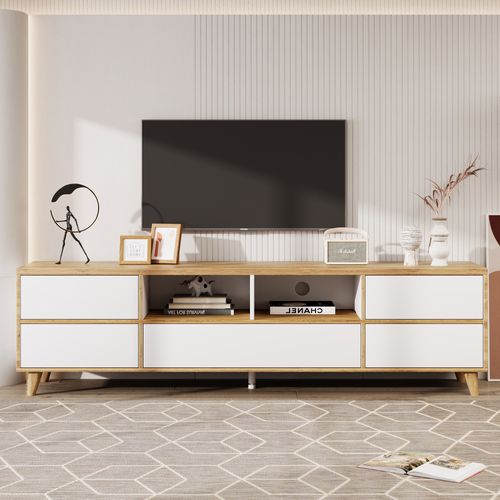 Meuble TV 175x37x51 Cm Avec 5 Portes, Compartiment Ouvert, En Mdf, Blanc