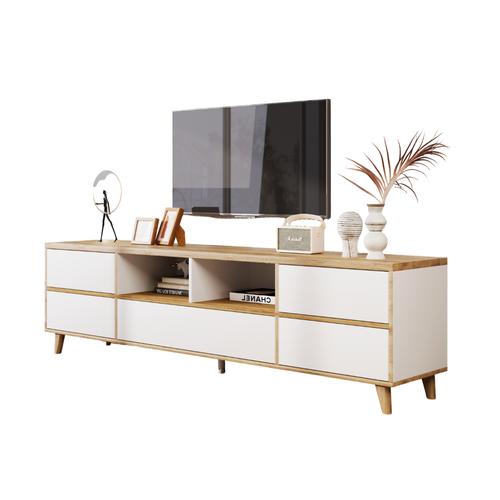 Meuble TV 175x37x51 Cm Avec 5 Portes, Compartiment Ouvert, En Mdf, Blanc
