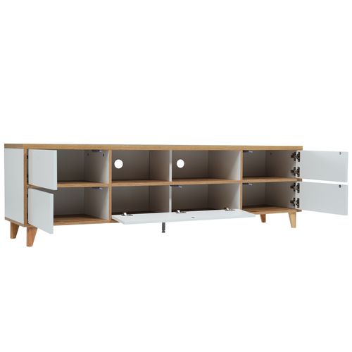 Meuble TV 175x37x51 Cm Avec 5 Portes, Compartiment Ouvert, En Mdf, Blanc