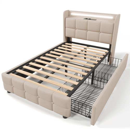 Lit Enfant 90x200 Cm Avec 2 Tiroirs, Éclairage LED, Prises USB, Lin, Beige